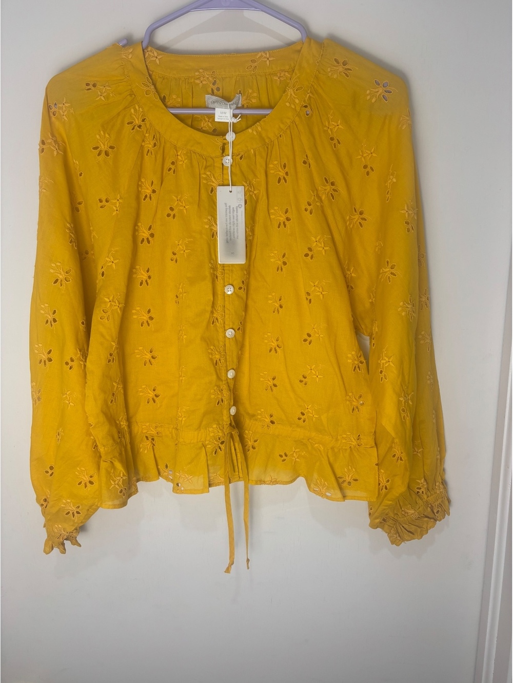 Outerknown Women’s M Mustard Eyelet Embroidered Organic Cotton Boho Blouse NWT